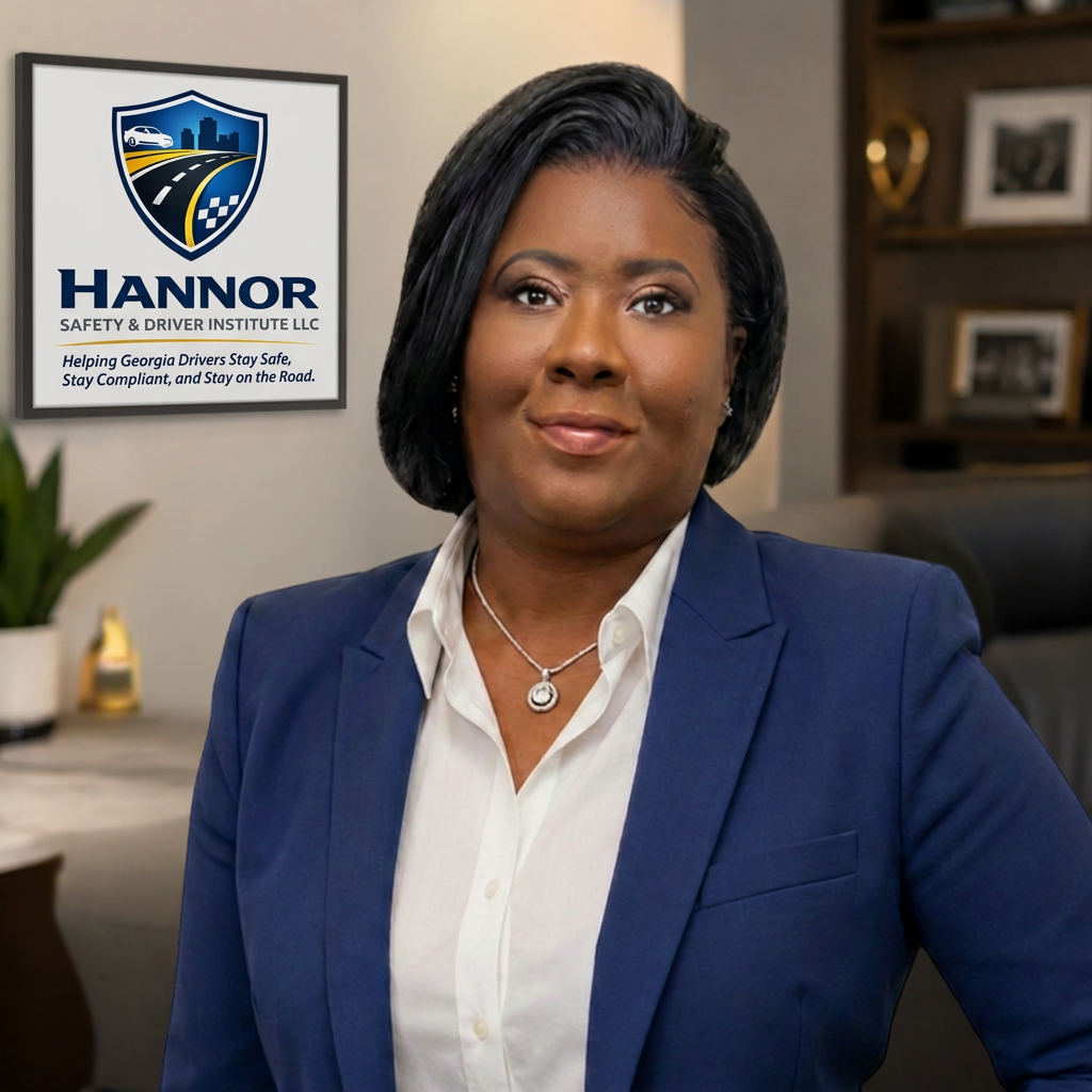 Adrienne Hannor, founder of Hannor Safety & Driver Institute, in front of the company logo