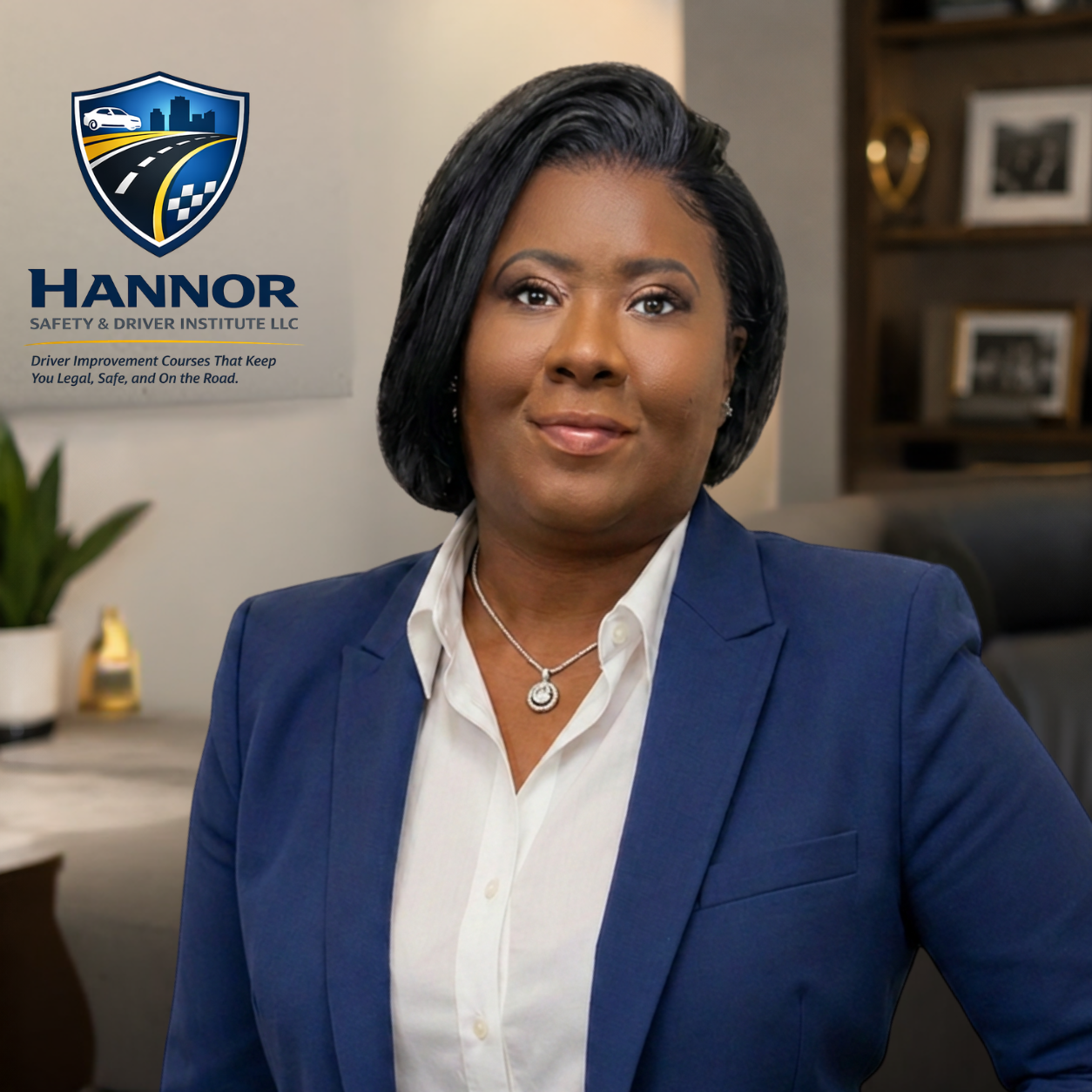 Adrienne Hannor, founder of Hannor Safety & Driver Institute, in front of the company logo
